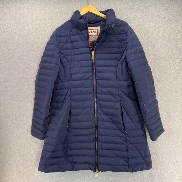 Hunter Women's Size Large Navy Blue Puffer Coat Faux Fur Collar Hood Down Fill - Picture 3 of 16